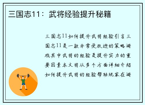 三国志11：武将经验提升秘籍